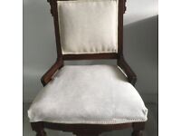 Antique ornate bedroom/hall/occasional chair-2 front caster wheels- re-upholstered-Neutral fabric.