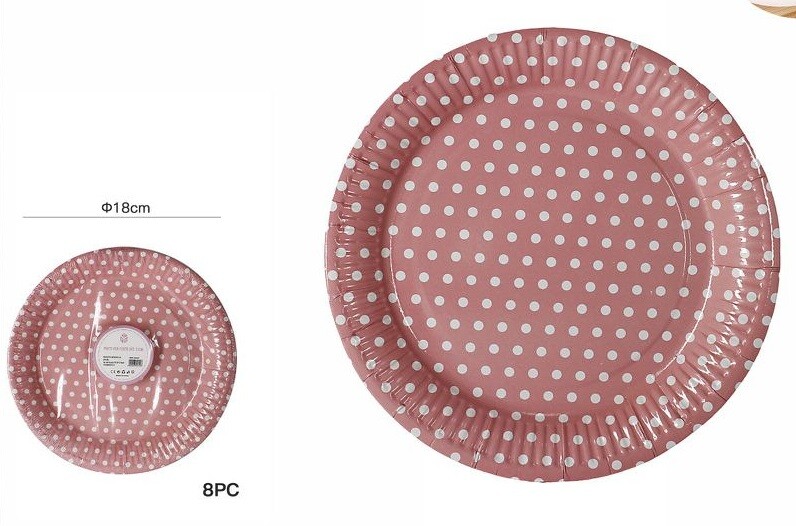 Set 8 Pezzi Piatti 18cm Rosa Pois Bianchi In Carta Feste Compleanni Party dfh