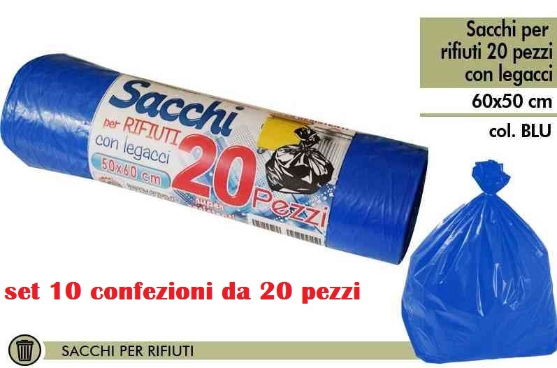 Set 10 Confezioni Di 20 Sacchi Rifiuti Spazzatura Con Legacci 50x60cm Blu moc