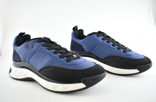 Pre-owned Chanel 21a Mens Blue Black White Cc Logo Lace Up Low Top Trainer Sneaker 44 11