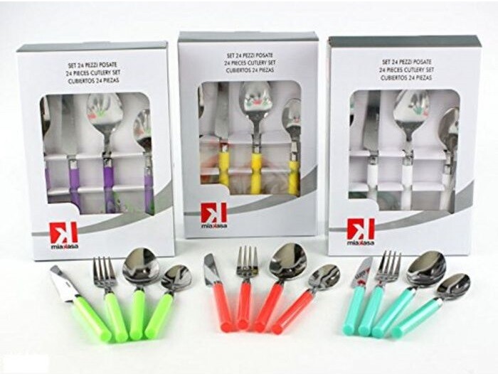Set Servizio 24 Pezzi Posate Con Manico Giallo Cucina sus