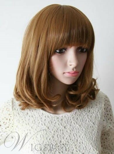 Rihanna Brown Medium Curly Hair With Full Bangs Capless Cap Wigs