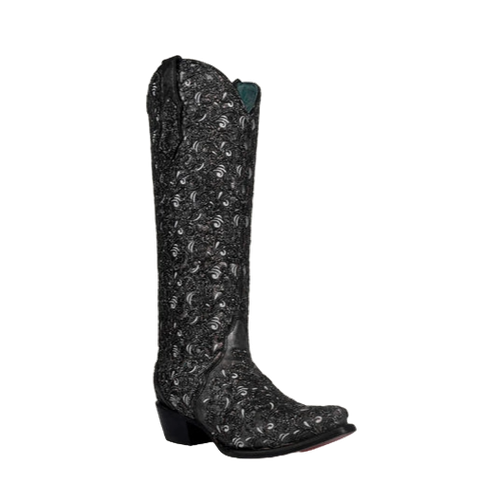 Pre-owned Corral Boots Corral Ladies Black Glitter Overlay Tall Western Boots C4049