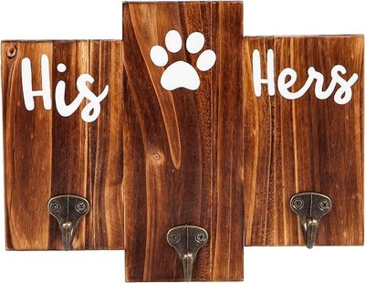 His Her Dog Hanger   Unique Key Holder and Dog Leash Hanger Natural Brown