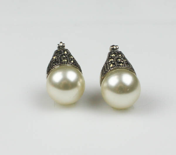 925 Sterling Silver Pearl Earrings, Marcasite Setting, Snap, 10mm pearl