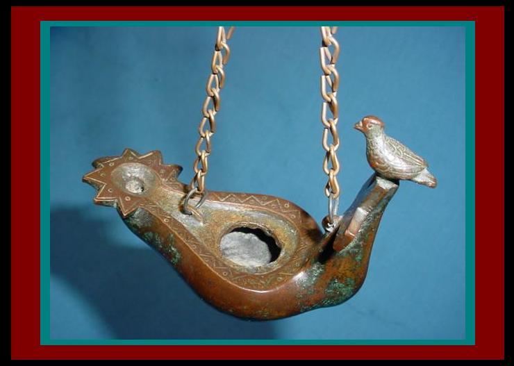 ANTIQUE ROMAN BYZANTINE INCISED BRONZE HANGING OIL LAMP w/ Bird perched on CROSS