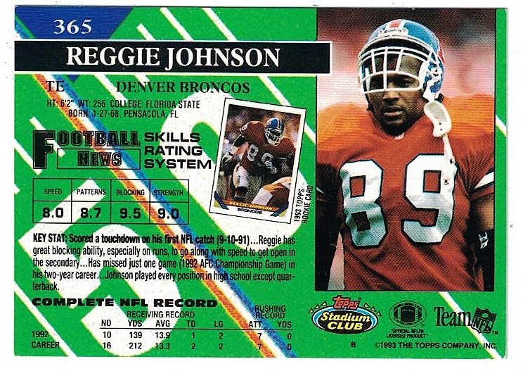 1993 TOPPS REGGIE JOHNSON TE DENVER BRONCOS SIGNED NFL FOOTBALL CARD