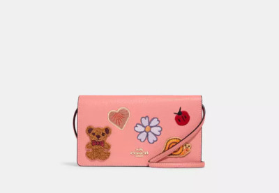 NWT NEW Coach CC469 Anna Fold Over Small Clutch Crossbody Bear Heart Candy Pink