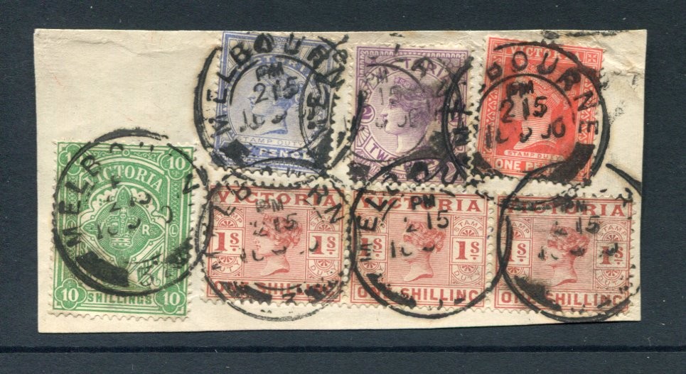 VICTORIA Australian States Old QV Duty 10 Shillings Multi Stamped Used Piece