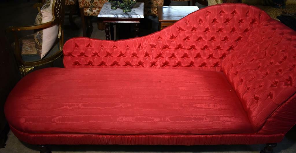 Antique Victorian Chaise Lounge / Fainting Couch: New Red Tufted Upholstery +++