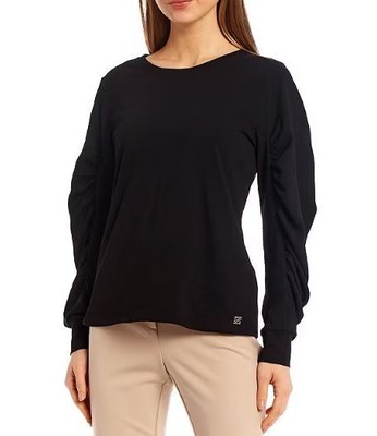 

Calvin Klein Women Шифоновый топ с украшением в виде шеи и рюшами и длинными рукавами, черный, большой