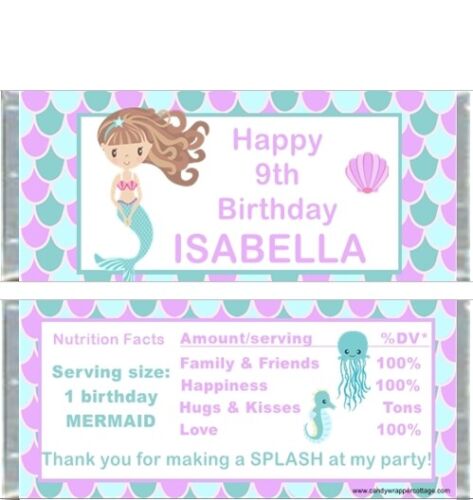 10 MERMAID TEAL AND PURPLE PERSONALIZED BIRTHDAY PARTY CANDY BAR WRAPPERS FAVORS