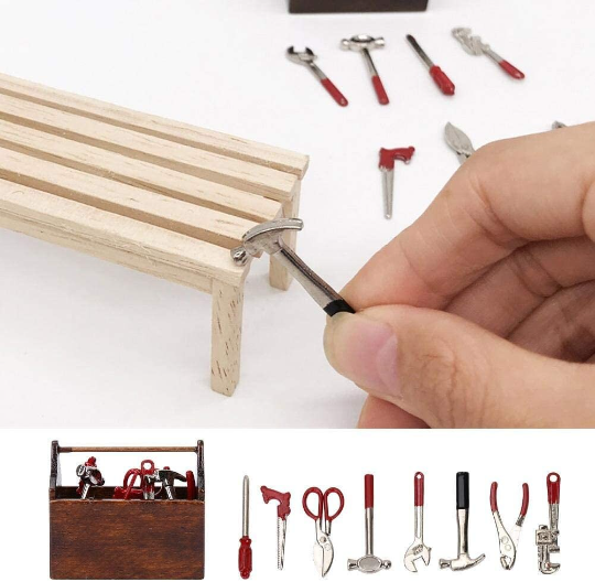 1:12 8PCS Metal Tools In Wood Tool Box Set Miniature Dollhouse Accessories