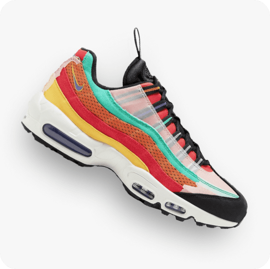 A multicolored sneaker linking to Nike Air Max 95 'BHM' shopping page
