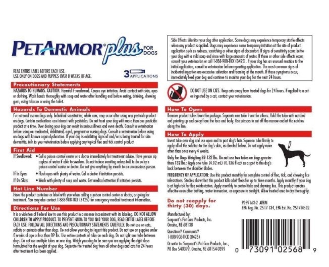 PET ARMOR PLUS Dogs 89 - 132 lbs Flea Tick Lice 3 Applications 3 Month Supply