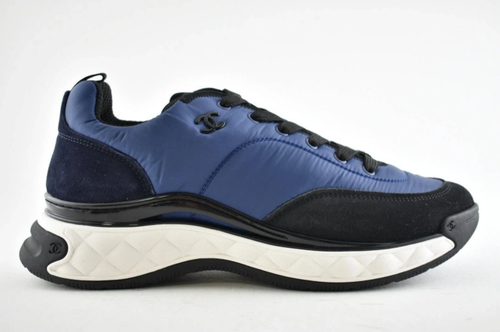 Pre-owned Chanel 21a Mens Blue Black White Cc Logo Lace Up Low Top Trainer Sneaker 44 11