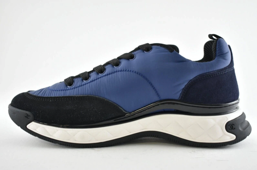 Pre-owned Chanel 21a Mens Blue Black White Cc Logo Lace Up Low Top Trainer Sneaker 44 11