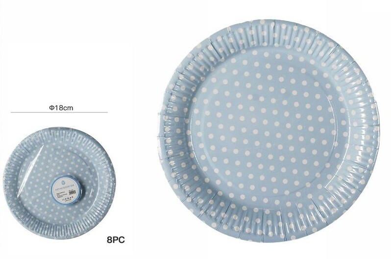 Set 8 Pezzi Piatti 18cm Azzurro Pois Bianchi In Carta Feste Compleanni Party dfh
