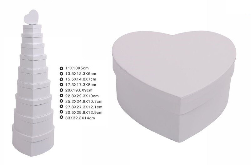 Set 10 Pezzi Scatole Box Per Regali Varie Misure Matrioska Forma Cuore Bianc dfh