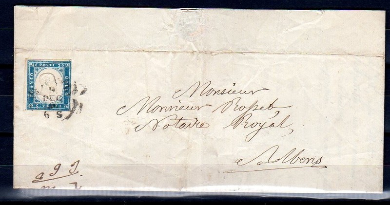 200324 Timbre Sarde NÂ°2 Sur Lettre ,Bleu Clair Teinte Peu Courante