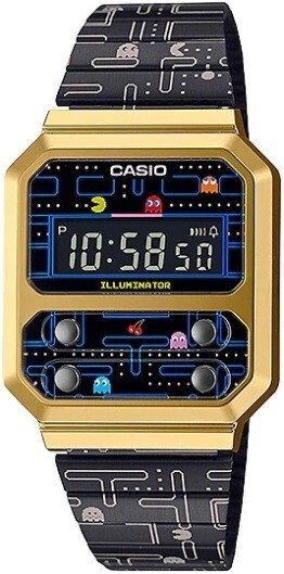 Pre-owned Casio Vintage X Pac-man Digital Black/gold Men's Watch A100wepc-1b