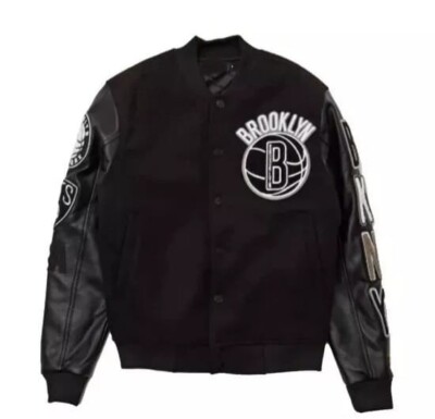 Men's Black Brooklyn Nets Varsity Bomber Jacket Wool And Leather Sleeves