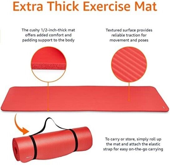 Amazon Basics Extra Thick Exercise Yoga Gym Floor Mat Carrying Strap 74x24 RED