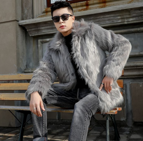 Men's Faux Fox Fur Coat Plush Fur Jacket Warm Cotton Trench Winter