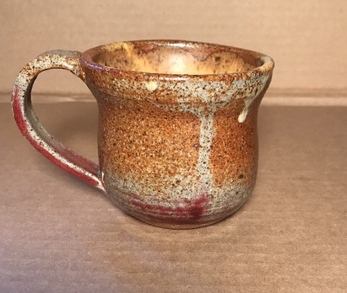 Hand Thrown Pottery Cup 8 Oz Brown Yellow Drip Splash Glaze 3-3/8