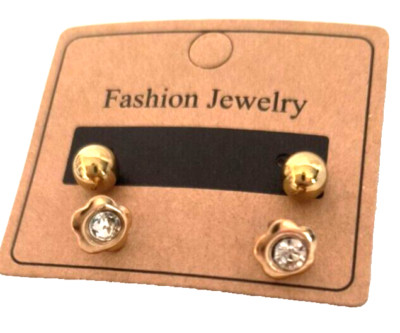 2 Pair New Fashion Jewelry Women's Petite Stud Earrings Gold Color Ball Crystal