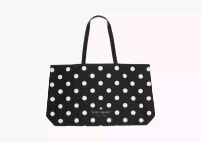 Kate Spade Large Canvas Shopper Beach Foldable Tote Bag Black White Dot