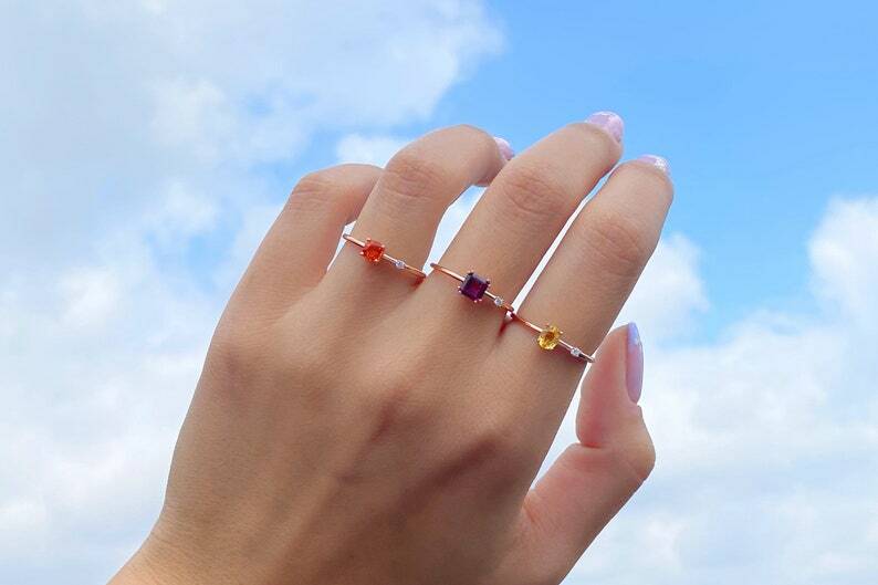 Pre-owned Handmade Rhodolite Garnet Ring, 14k Gold Princess Cut Natural Garnet Diamond Ring, Prince In White