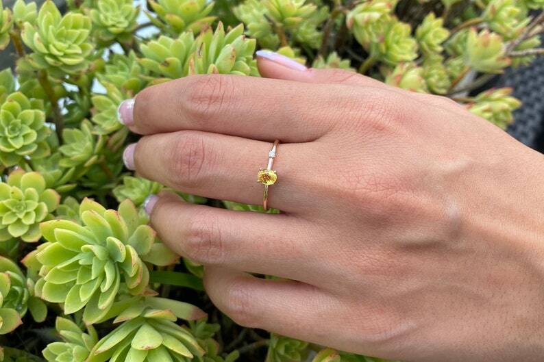 Pre-owned Handmade Sapphire Ring, 14k Solid Gold Oval Yellow Sapphire And Diamond Ring Natural Ring
