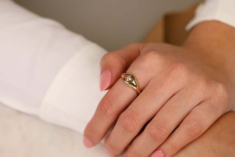 Pre-owned Handmade Solid Gold Diamond Signet Ring / Lagrima / Drop Diamond Gold Ring / 14k Yellow