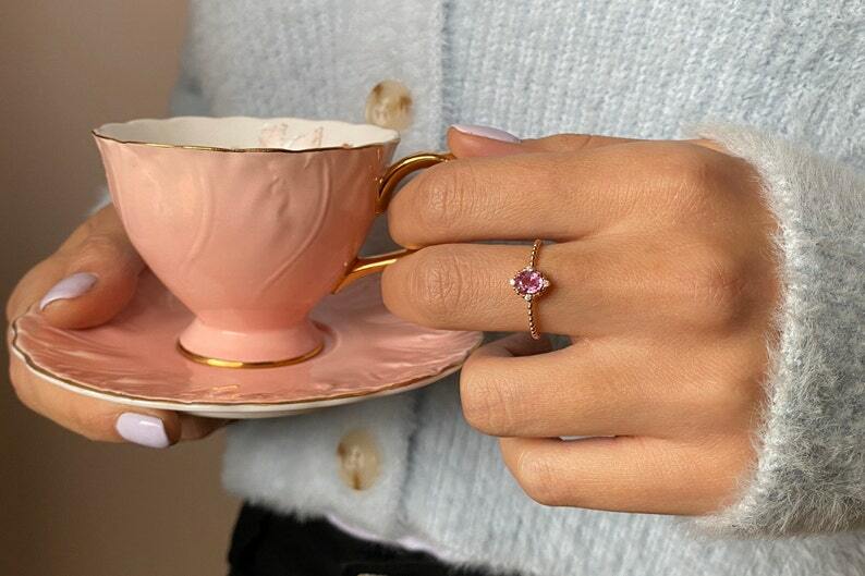 Pre-owned Handmade Oval Pink Sapphire, 14k Rose Gold Pink Sapphire And Diamond Ring, Natural Pink In White