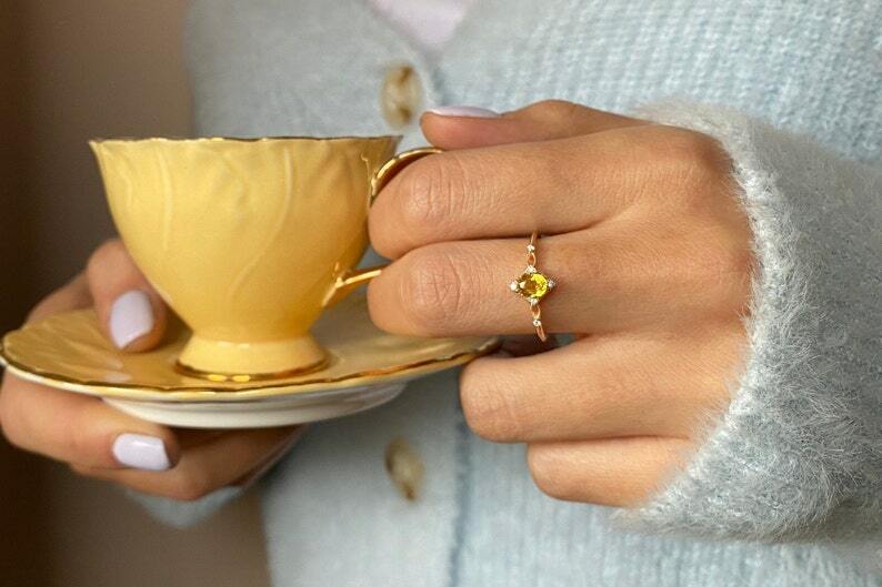 Pre-owned Handmade Oval Yellow Sapphire And Diamond Ring, Sapphire Rose Gold Promise Ring, Natural