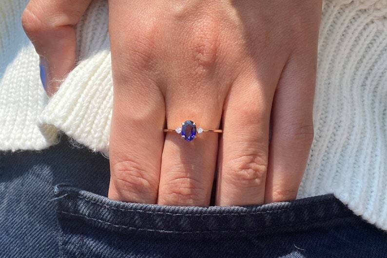 Pre-owned Handmade Sapphire Ring, Oval Blue Sapphire Ring, 14k Diamond And Sapphire Engagement Ring