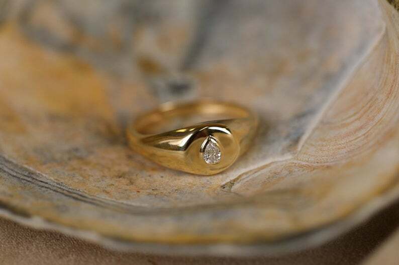 Pre-owned Handmade Solid Gold Diamond Signet Ring / Lagrima / Drop Diamond Gold Ring / 14k Yellow