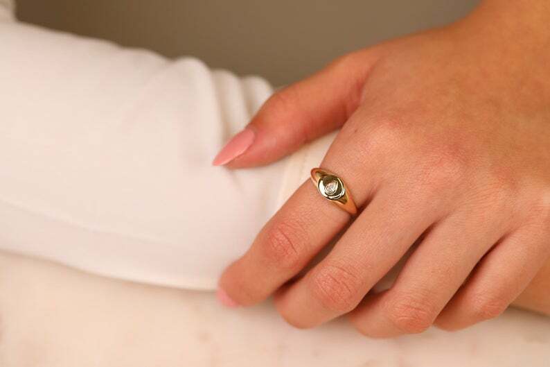Pre-owned Handmade Solid Gold Diamond Signet Ring / Lagrima / Drop Diamond Gold Ring / 14k Yellow