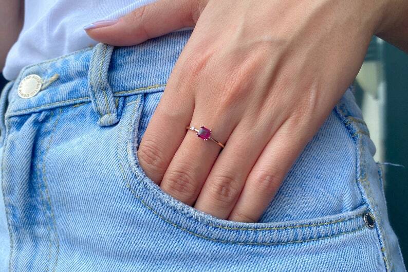 Pre-owned Handmade Rhodolite Garnet Ring, 14k Gold Princess Cut Natural Garnet Diamond Ring, Prince In White