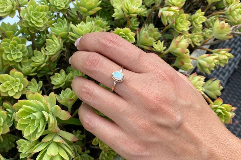 Pre-owned Handmade Opal Ring, 14k Diamond And Opal Engagement Ring, Natural Oval Opal Diamond Ring, In White