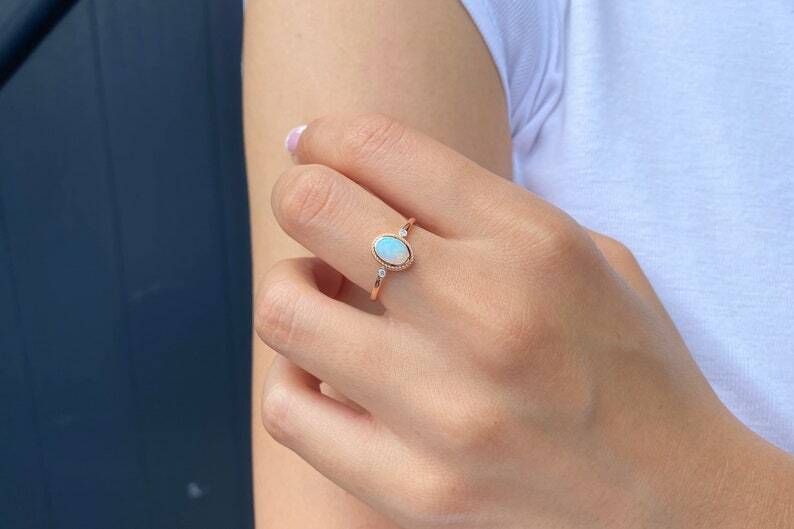 Pre-owned Handmade Opal Ring, 14k Diamond And Opal Engagement Ring, Natural Oval Opal Diamond Ring, In White