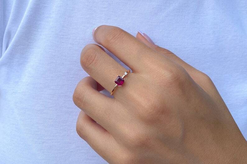 Pre-owned Handmade Rhodolite Garnet Ring, 14k Gold Princess Cut Natural Garnet Diamond Ring, Prince In White