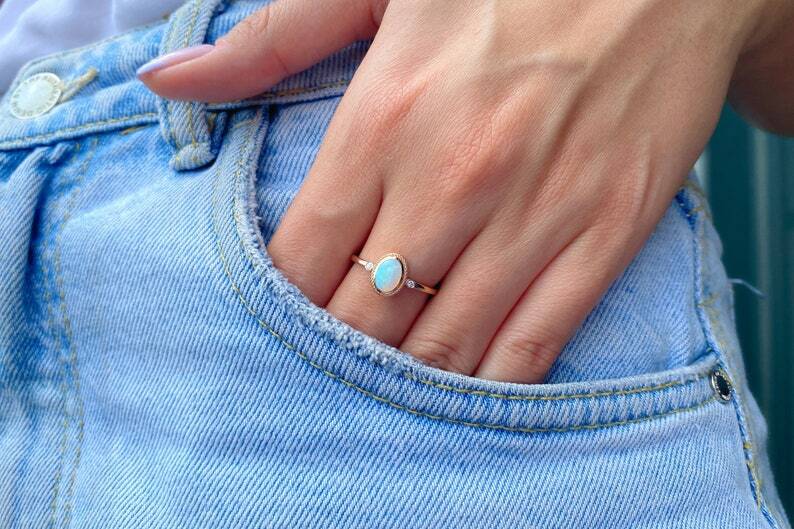 Pre-owned Handmade Opal Ring, 14k Diamond And Opal Engagement Ring, Natural Oval Opal Diamond Ring, In White
