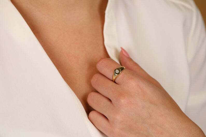 Pre-owned Handmade Solid Gold Diamond Signet Ring / Lagrima / Drop Diamond Gold Ring / 14k Yellow