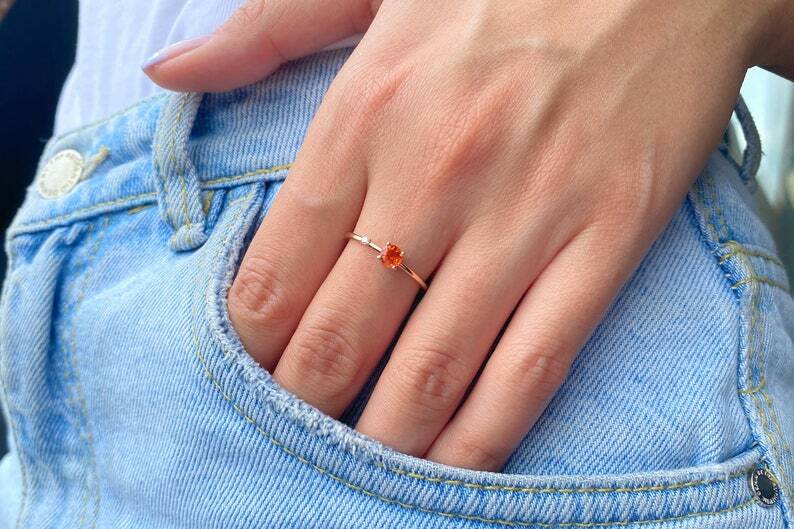 Pre-owned Handmade Orange Sapphire Ring, 14k Diamond And Sapphire Engagement Ring, Natural Sapphire In White