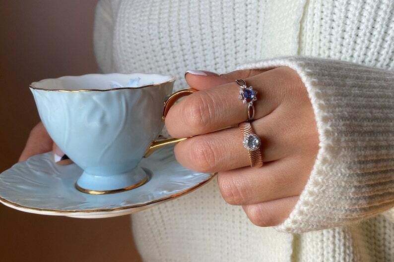 Pre-owned Handmade Round Aquamarine Ring, 14k Diamond And Aquamarine Engagement Ring, Natural In White