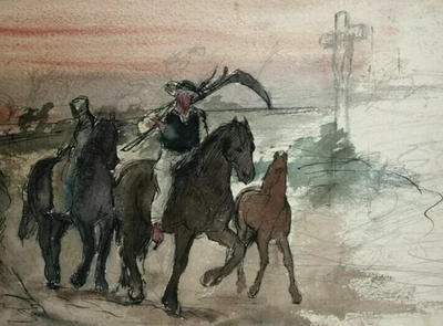 Französischer Mann Pferd Bauer Bleistift - Zeichnung Antik Original