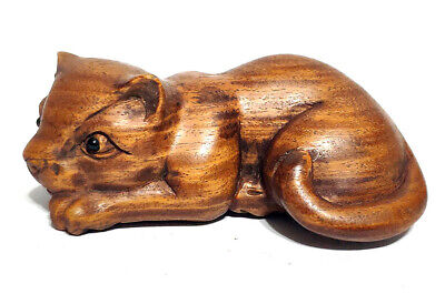 Netsuke-like Carved Wood Bead-Charm of Sitting Kitty Cat
