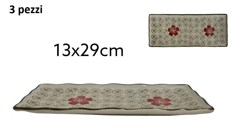 Set 3 Pezzi Piatto Rettangolare 13x29cm Ceramica Orientale Fiori Rossi bal